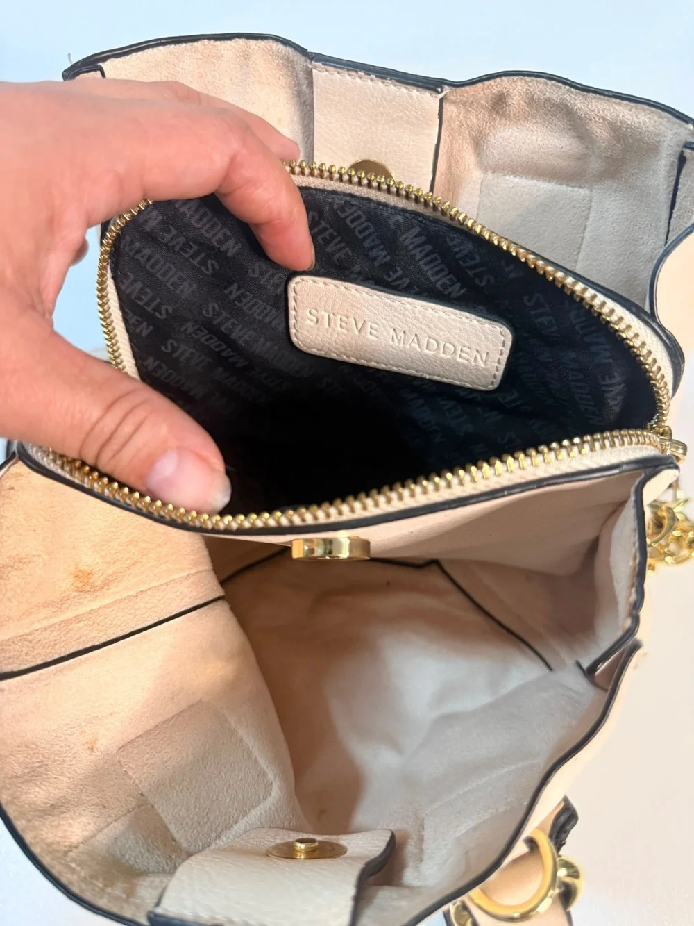 Beige Leather Satchel Handbag with Gold Hardware